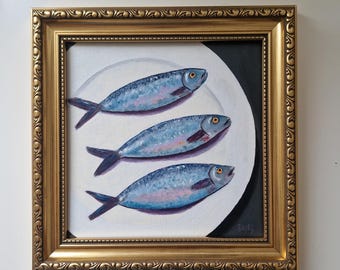 Original Sardines Painting, Framed Mini Fish Canvas, 8x8 inches Quirky Kitchen Wall Art, Food Still Life, Ornate Gold Framed Artwork