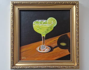 Original Margarita Cocktail Painting, Framed Small Canvas Art , Quirky Kitchen Bar Wall Decor
