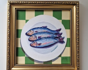 Original Sardines Painting, Framed Mini Fish Canvas, 8x8 inches Quirky Kitchen Wall Art, Food Still Life, Ornate Gold Framed Artwork