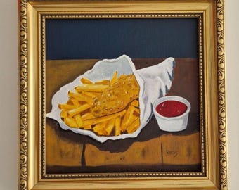Original Fish and Chips Painting Framed, Hand Painted Comfort Food Art, British Diner Still Life, Quirky Kitchen Wall Decor, 8x8