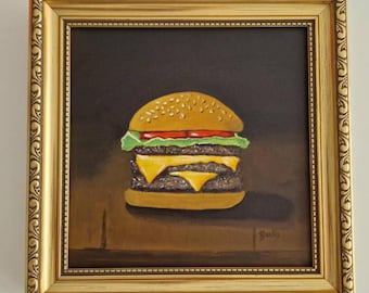 Original Burger Painting Framed, Hand Painted Fast Food Art, Cheeseburger Still Life Canvas, Quirky Pop Art Kitchen Wall Decor, 8x8