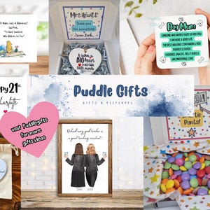 May include: A collection of personalized gifts for teachers, friends, and dog lovers. The gifts include a heart-shaped plaque with the text "It takes a big heart to teach little minds", a card with the text "Happy 21st Charlotte", a card with the text "Dog Mum", a card with the text "Behind every good teacher is a great teaching assistant", and a box filled with colorful candies.