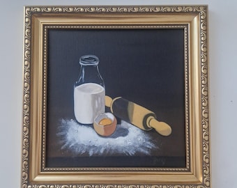 Original Baking Still Life Painting, Framed Small Canvas Art , Egg & Milk Bottle ,Moody Farmhouse Decor