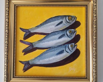 Original Sardines Painting, Framed Mini Fish Canvas, 8x8 inches Quirky Kitchen Wall Art, Food Still Life, Ornate Gold Framed Artwork