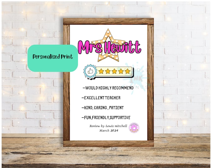 Christmas Teacher Gifts Personalised,  Thank You , 5 Star