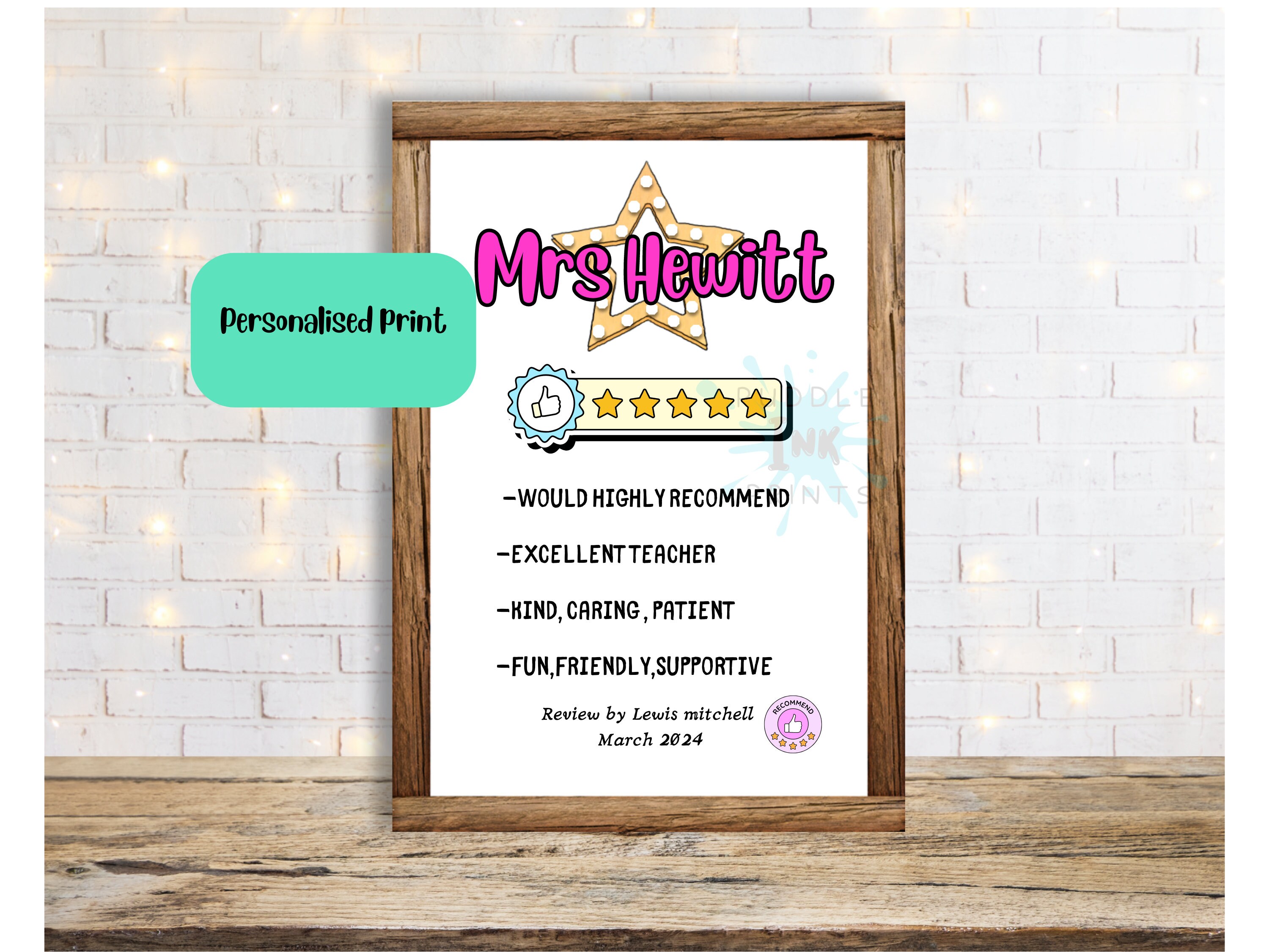 Christmas Teacher Gifts Personalised,  Thank You , 5 Star