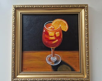 Original Aperol Spritz Cocktail Painting, Framed Small Canvas Art , Quirky Kitchen Bar Wall Decor
