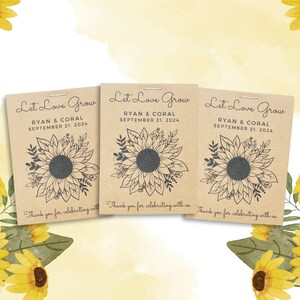 May include: Three brown paper seed packets with a sunflower design and the text "Let Love Grow" with the names "Ryan & Coral" and the date "September 21, 2024".