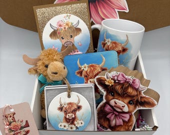 Highland Cow Gift Box Set. (Choose sentiment and option to personalize included card).