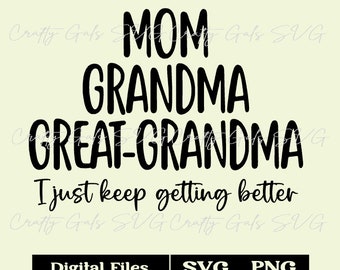 Mom-Grandma-Great Grandma I just keep getting better SVG, Grandparent Design, New Grandma svg, Grandma svg, Mom-Grandma-Great Grandma Title