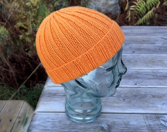 Hand Knitted Merino Wool Beanie: Soft Orange Winter Hat