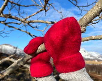 Red wool mittens for women or child, warm knitted mittens, handmade mittens