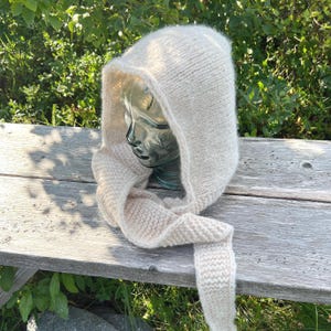 Hand Knitted Alpaca Silk Scoodie: Beige Scarf Hoodie