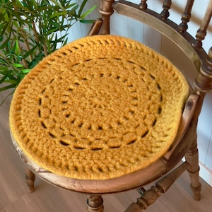 Yellow Easter wool seat cushion, floor seating, bench seat pad, crochet seat mat, chair cushion, handmade crocheted easter decor image 1