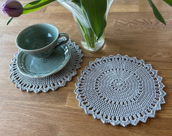 Handmade set of grey cotton crochet table cloth, 2 pieces, home decor, table decorations, mandala style table topper, table decor