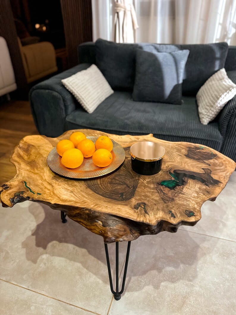 Unique Coffee Table Solid Wood With Live Edges Emerald Epoxy Resin - Etsy