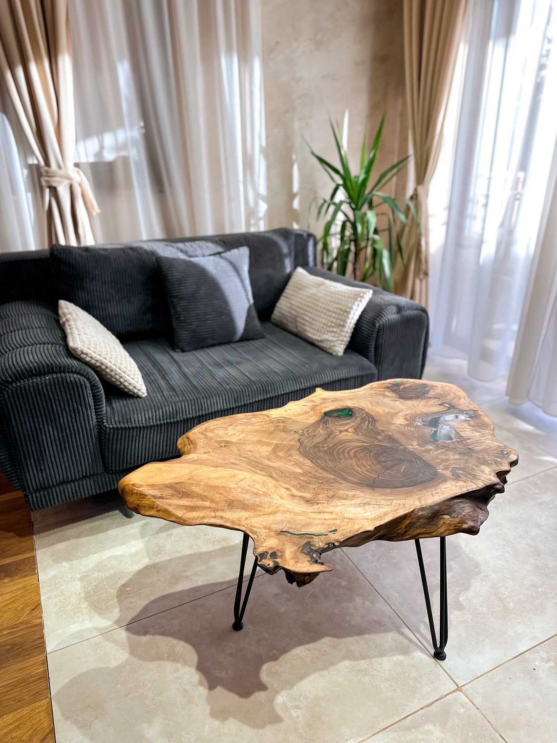 Unique Coffee Table Solid Wood With Live Edges Emerald Epoxy Resin - Etsy