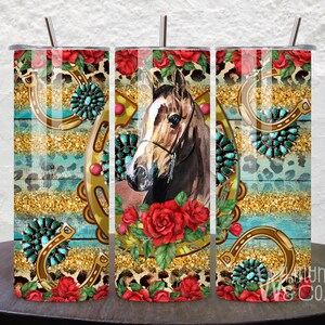 20oz Stainless Steel Skinny Tumbler, Horse Tumbler, Gift for Her, Tumbler with Lid & Straw, Sublimation Rose Tumbler, Western Travel Mug