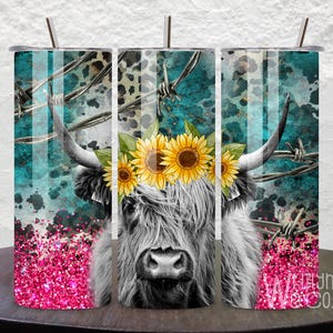 20oz Stainless Steel Skinny Tumbler, Highland Cow Tumbler, Gift for Her, Tumbler with Lid & Straw, Sublimation Tumbler, Western Travel Mug