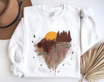 Bluza z motywem górskim | Prezent dla miłośnika natury | Geometryczny sweter z okrągłym dekoltem w góry | Sweter na wyprawę na łonie natury | Prezent na kemping i wędrówki