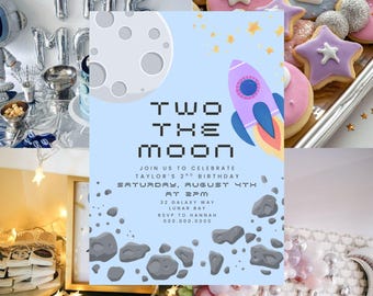 Zwei Mond-Geburtstags-Einladung | Weltraum Thema 2.Geburtstag | Bearbeitbare Canva Vorlage
