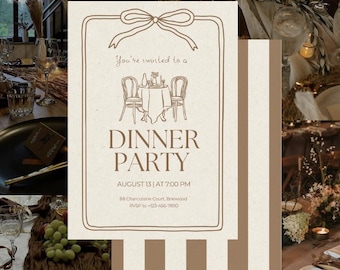 Elegante Dinner Party Einladung Vorlage: Braun Beige Streifen (Digital Download, 5x7" Canva Editable Invite)