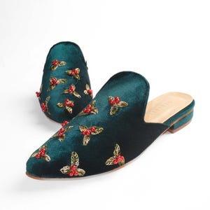 Handwoven Green Velvet Slippers - Comfortable Slippers Embroidered with Festive Beaded Designs, Perfect Gift for Women and Holiday Season