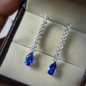 Pear Cut Blue Sapphire Earrings: Sterling Silver September Birthstone