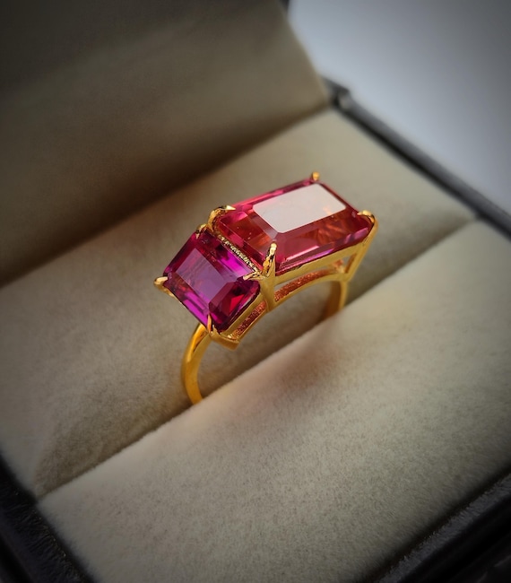 Pink Tourmaline Rhodolite Garnet Two Stone Ring/ Emerald Cut