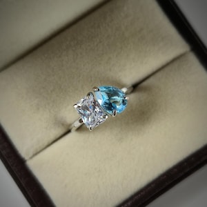 Aquamarine and Moissanite Ring: Sterling Silver Toi et Moi Promise Ring