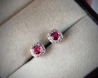 Pink Tourmaline Halo Stud Earrings: Sterling Silver October Birthstone / earrings silver / gold earrings / minimalist jewelry for her