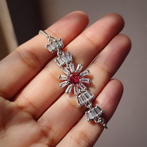 Pink Tourmaline Bracelet: Sterling Silver Floral Design, CZ Accents