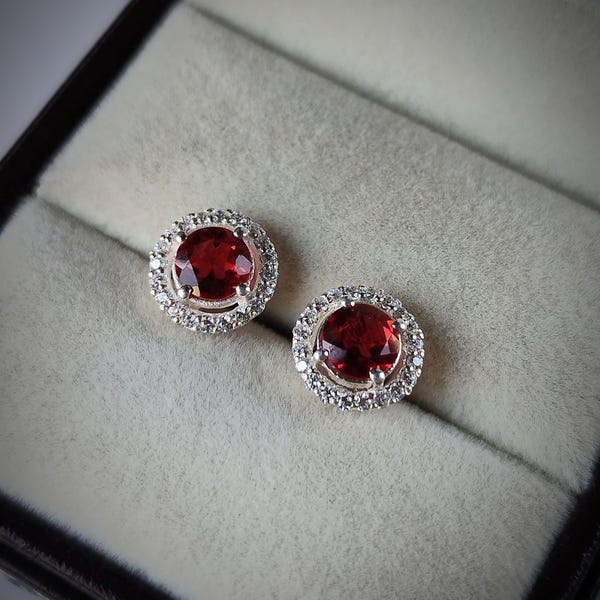 Roter Granat Halo Ohrringe: 925 Sterling Silber, Januar Geburtsstein