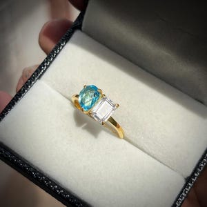 Aquamarine and Moissanite Two Stone Ring: Sterling Silver Promise Ring