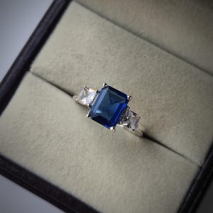 Emerald Cut Blue Sapphire Ring: 925 Sterling Silver Promise Ring