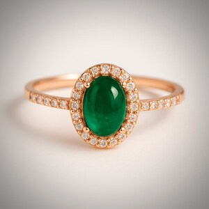 Emerald Cabochon Ring: Sterling Silver Halo, May Birthstone
