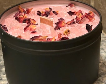 Vanilla Soy Wax Candle with Rose Quartz & Rose Petals - 8oz Tin with Wooden Wick - handmade great vanilla sugar Scent, Perfect Gift Idea
