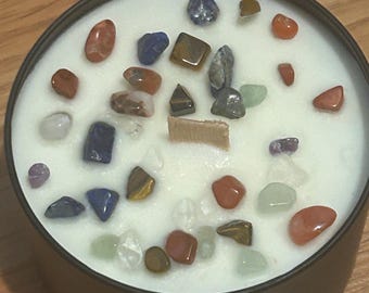 Palo Santo Patchouli Soy Candle with Chakra Crystals, Wood Wick 8oz Tin