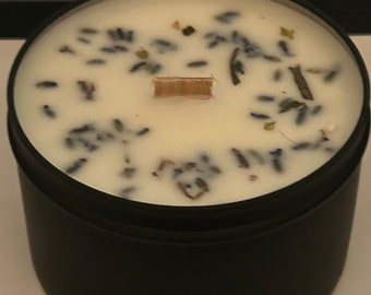 Lavender Chamomile Scented 8oz Soy Wax Candle - handmade with Lavender Petals & Wood Wick for Calming Rituals perfect gift idea for relaxing