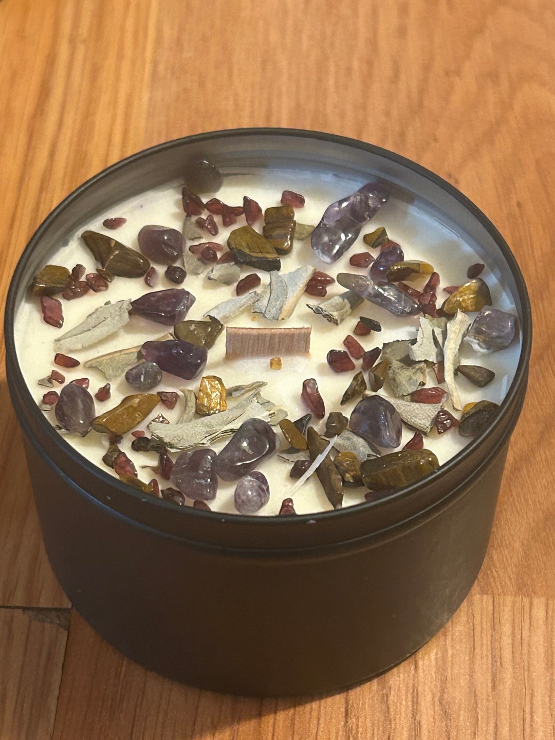 Sage Soy Wax Candle With Amethyst, Tigers Eye, Garnet - Energy ...