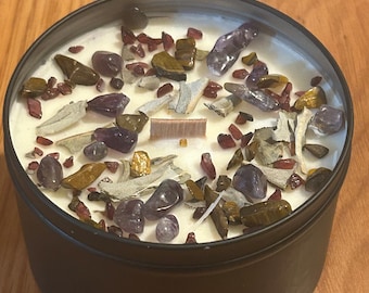 Healing Soy Wax Candle Sage Fragrance topped  with amethyst, tigers eye, garnet and sage- Energy Cleansing Candle in 8oz Tin with Wood Wick