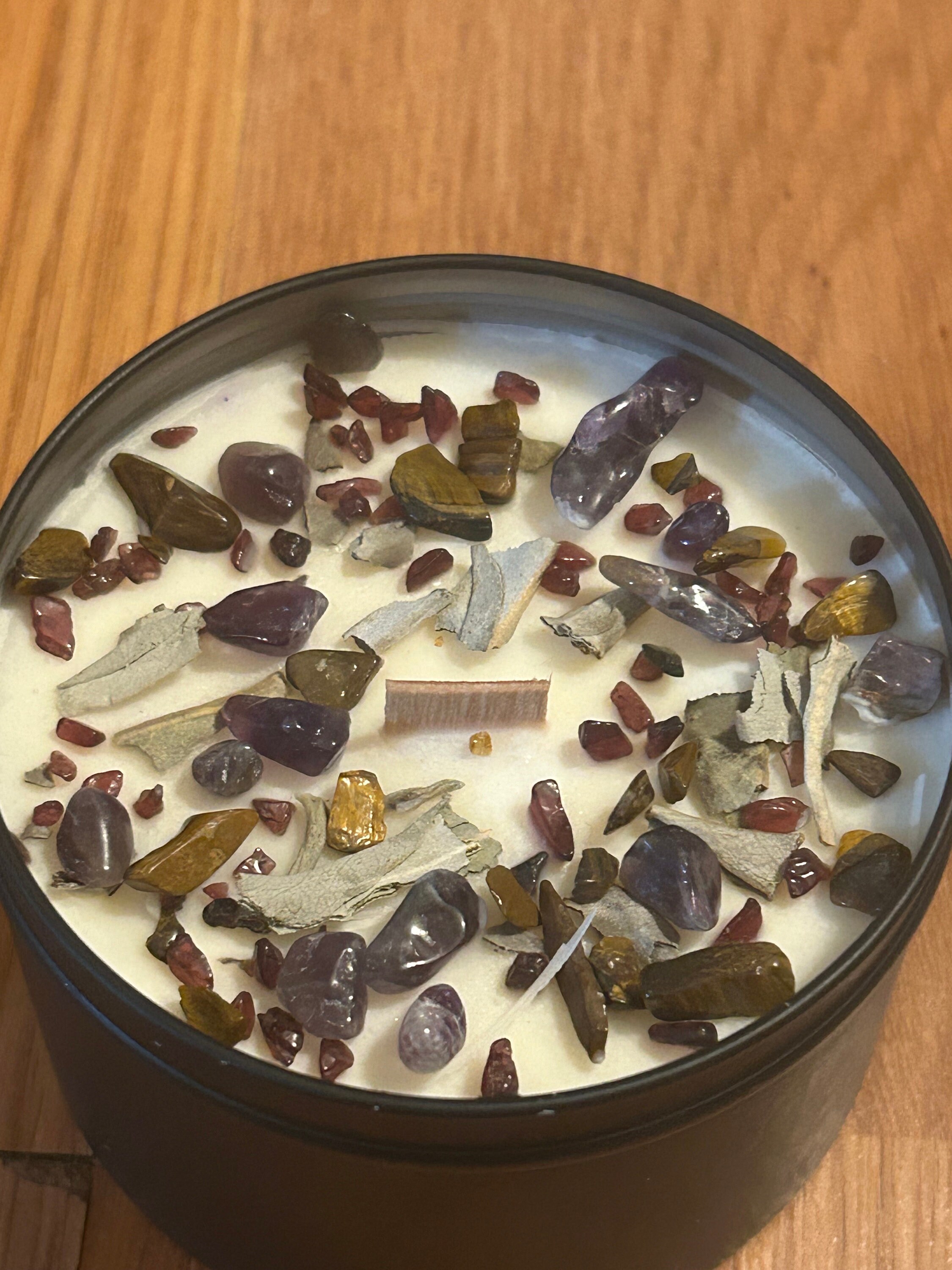 Sage Soy Wax Candle With Amethyst, Tigers Eye, Garnet - Energy ...