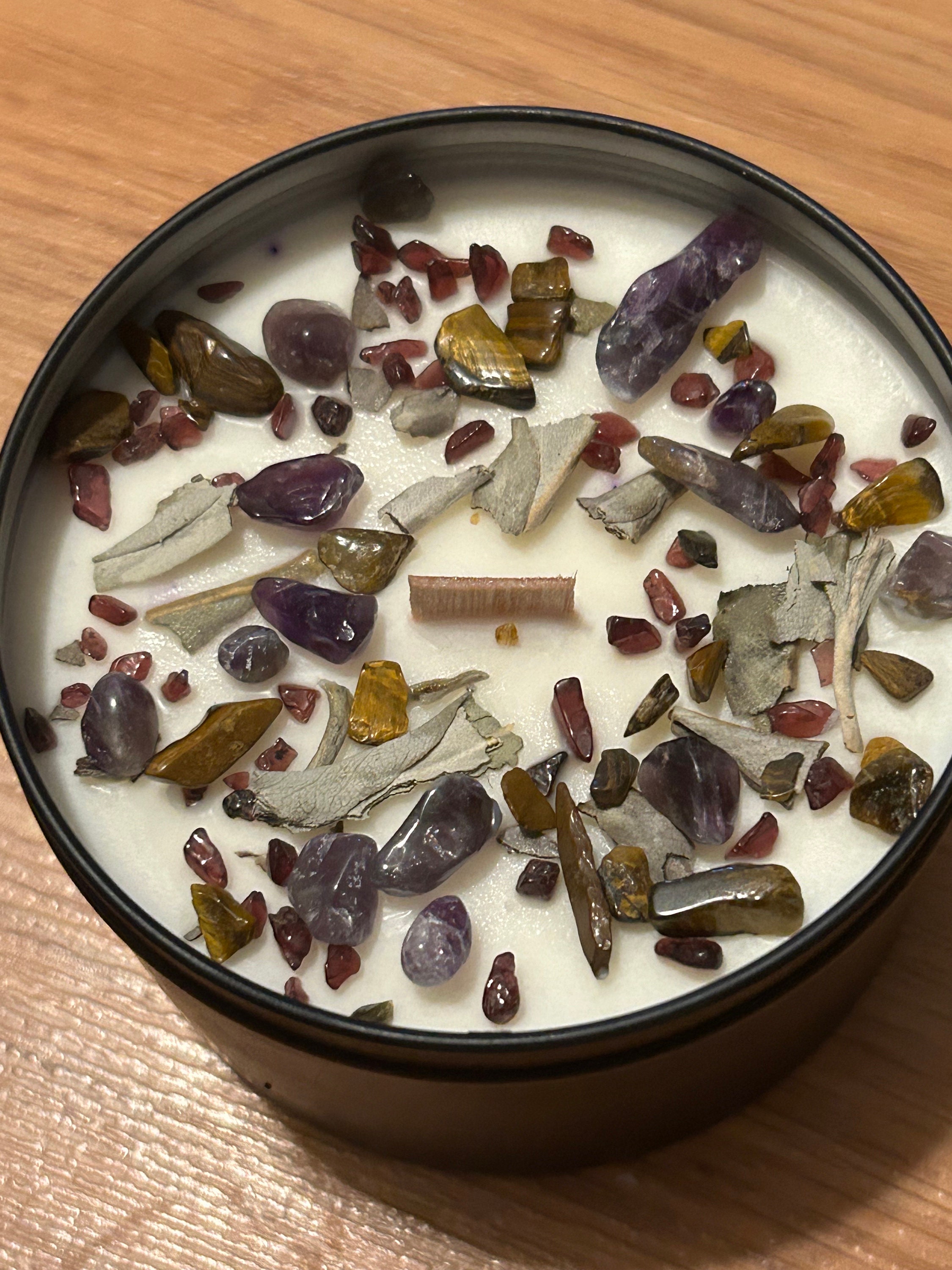 Sage Soy Wax Candle With Amethyst, Tigers Eye, Garnet - Energy ...