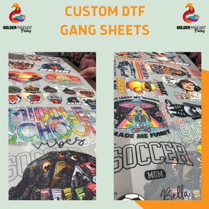May include: Two sheets of clear transfer paper with colorful iron-on designs. The designs include a skull, a soccer ball, a middle school vibe design, and a design that says "At least my trauma made me funny".