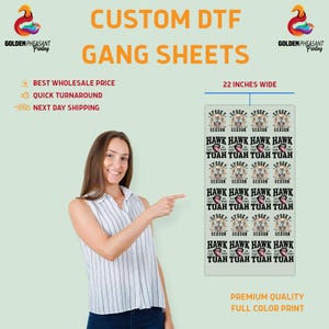 May include: A sheet of 22-inch wide custom DTF transfer sheets with a repeating pattern of a spooky season design featuring a skull with a tongue sticking out and the text "Spooky Season" and "Hawk Hawk Tuah Tuah".
