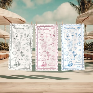 May include: Three beach towels with a Charleston design, each with a different border color: black, pink, and blue. The towels feature illustrations of seashells, palm trees, and cocktails. Text on the towels reads "Jessica's Bachelorette 2026".