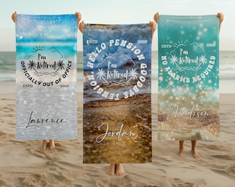 Custom Name Retirement Men Women Beach Towel, Summer Vibes Keepsakes For Friends
