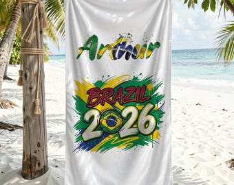 Kids Championship Custom Name Beach Towel, Personalized Soccer Vacation Towel, Sports Fan Towel