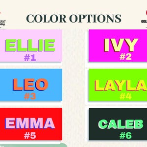 May include: Image displaying color options with names and numbers. The names are in bold, vibrant colors against rectangular backgrounds. The text "COLOR OPTIONS" is at the top. The Golden Pheasant Printing logo is in the top corners.