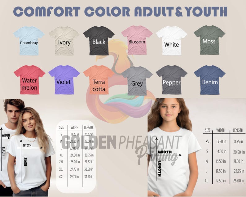 May include: A promotional image showcasing a variety of Comfort Color t-shirts in various colors, including Chambray, Ivory, Black, Blossom, White, and Moss. The image also displays a size chart with measurements in inches for adult and youth sizes. The text "COMFORT COLOR ADULT & YOUTH" is at the top.